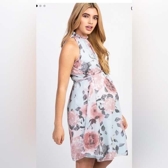 Pink Blush Light Blue Floral High Neck Maternity Dress Size L - Picture 2 of 10